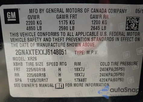 2018 Chevrolet Equinox Lt z USA, uszkodzony, nr VIN 2GNAXTEXXJ6148051